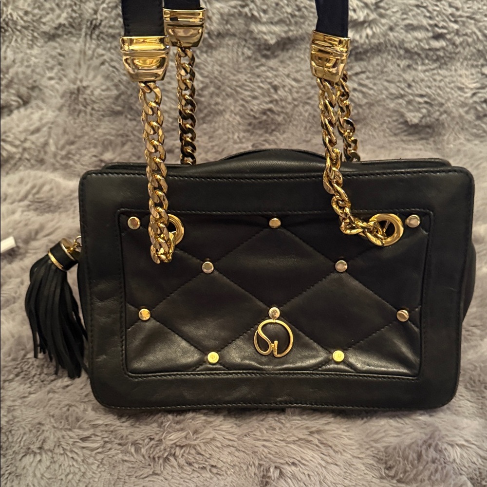 St. John Black Quilted Shoulder Bag with Gold Chain